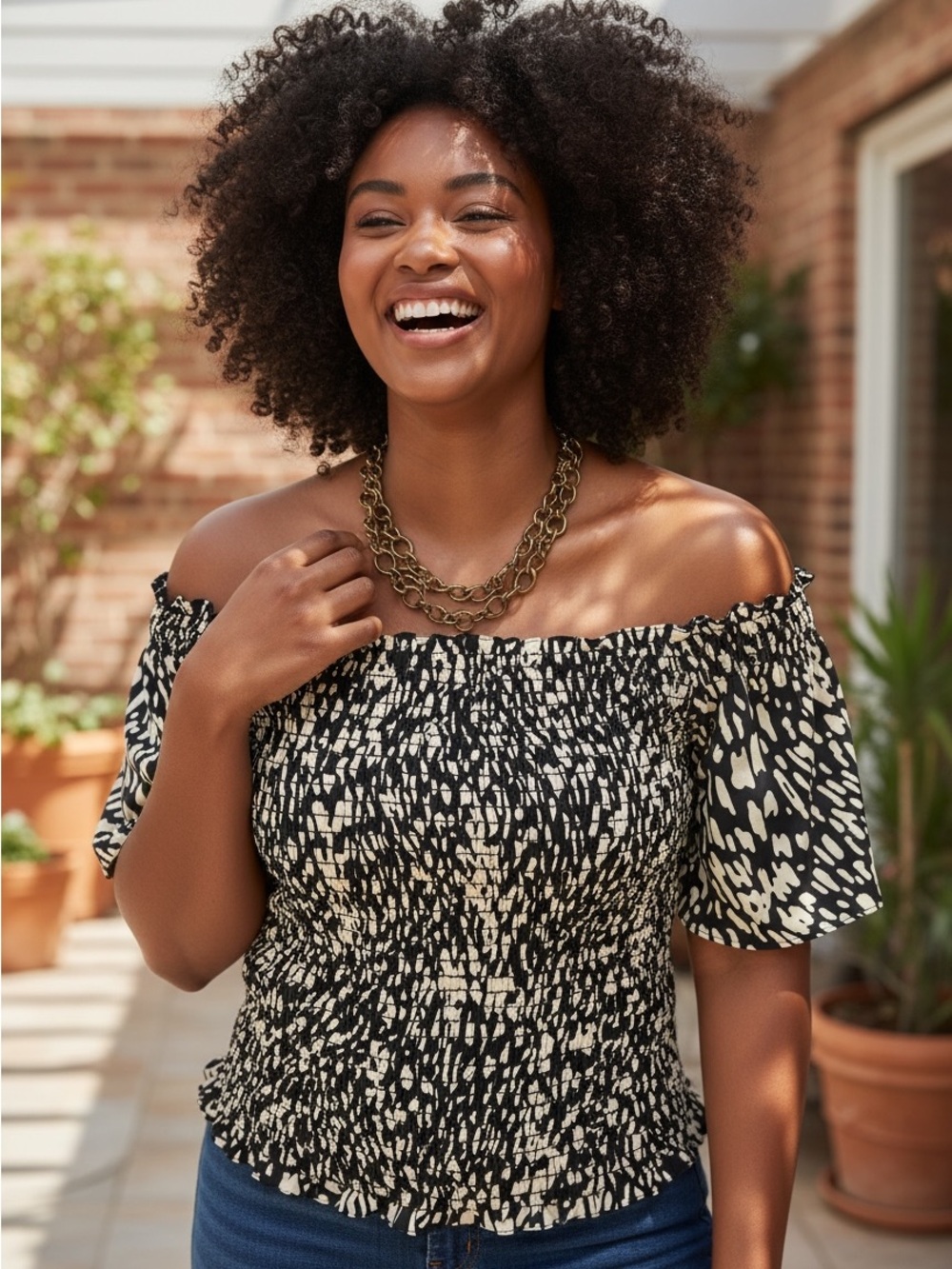 Traffic People Black and Cream Smocked Off-Shoulder Blouse